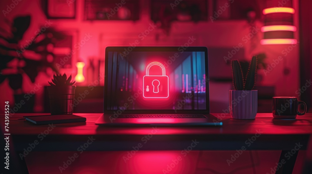 Wall mural cybersecurity. padlock on a desk displaying on laptop. cyber attack on computer network, virus, spyw