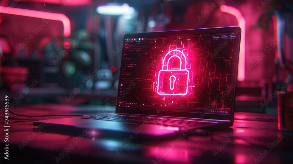 Wall mural cybersecurity. padlock on a desk displaying on laptop. cyber attack on computer network, virus, spyw