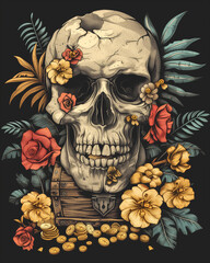 Application for the Day of the Dead. Skull with flowers and treasure chest. Holiday banner with skull created for card, poster, website, greeting invitation