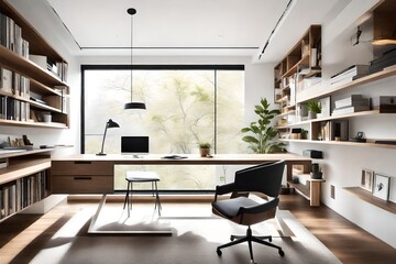 A contemporary home office with a floating desk, minimalist shelving, and a large window