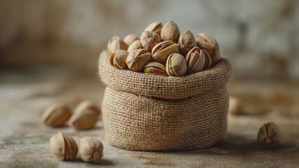 Pistachio nuts in a bag on an old wooden surface