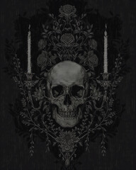 Skull, candlesticks with candles, roses - all on a black background. banner with skull created for card, poster, website, greeting invitation