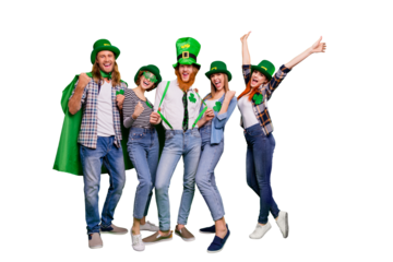 Full length body size photo cheer five company celebrate winning hands arms up spend holiday tradition national specs casual outfit saint paddy day laugh laughter isolated on bright green background
