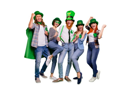 Full length body size photo cheer company win game competition get free beer ale alcohol bar pub hands arms up national specs casual outfit saint paddy day isolated bright vibrant green background