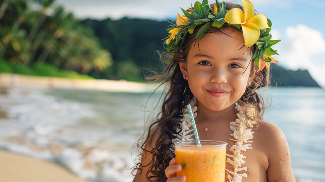 A beautiful picture of a young girl in a Hawaiian costume, enjoying a tropical fruit drink on the beach.