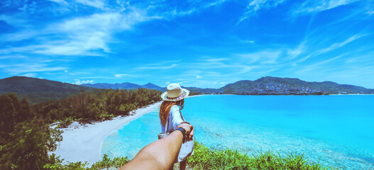 Asian lover couple woman and man travel nature. Travel relax. sea In the summer. Thailand