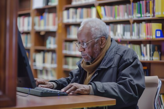Elderly Man Researching on Computer in Library