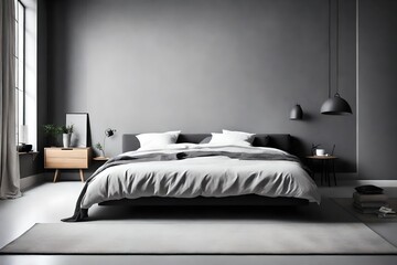 A monochrome, minimalist bedroom featuring a low-profile bed with crisp white linens against a soft grey wall