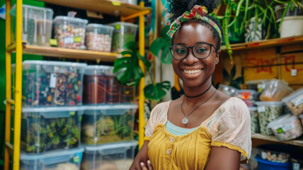 Eco-conscious Gen Z woman runs a zero-waste store, showcasing eco-friendly containers, smiling proudly at the camera.