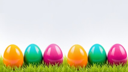 Colorful easter eggs on green grass over white background with copy space