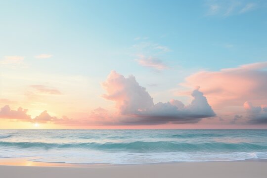 A serene beach sunset scene with text space
