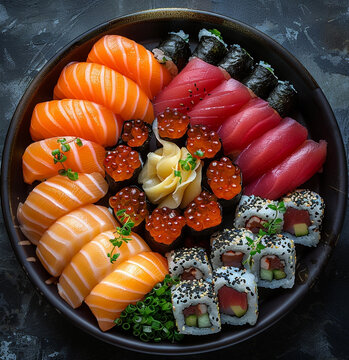 Illustration of a sushi dish filled with a variety of fish, in a rustic style. Japanese cuisine. Traditional food.