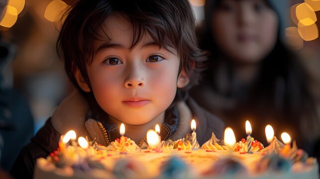 A young boy blowing out candles on a birthday cake surrounded by friends and family