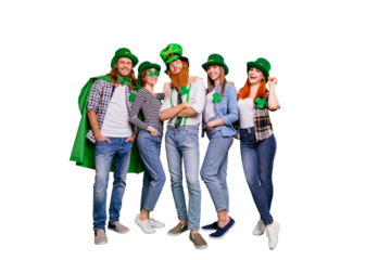 Full length body size photo cheer company five friends tradition national day funny funky specs casual outfit clothes saint paddy day laugh laughter isolated on bright vivid green background