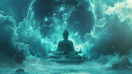 Buddha meditating on the background of the planet