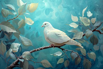 Delve into the serene beauty of a white dove sitting gracefully on a branch, embraced by lush green leaves, against a backdrop of peaceful blue tones