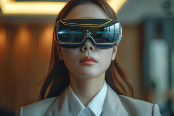 Asian businesswoman in suit in 3D virtual glasses at modern office
