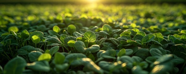Sunset Glow on Fresh Green Field of Young Plants