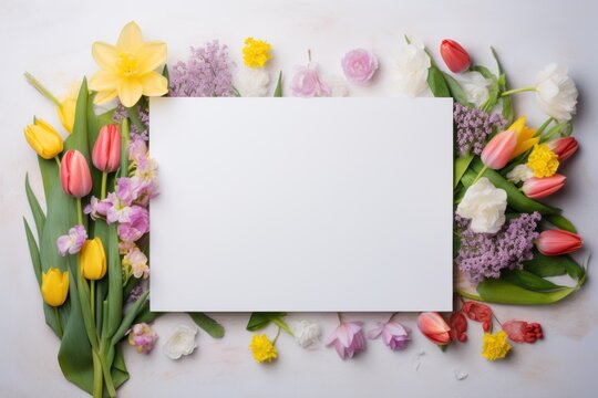 white layout with space for text, spring flowers on a wooden background, tulips