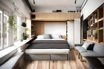 A compact studio apartment efficiently designed with a murphy bed and hidden storage solutions