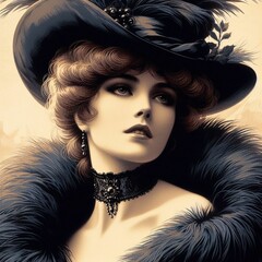 Vintage illustration of a woman in elegant hat and fur coat, Retro style illustration of the woman