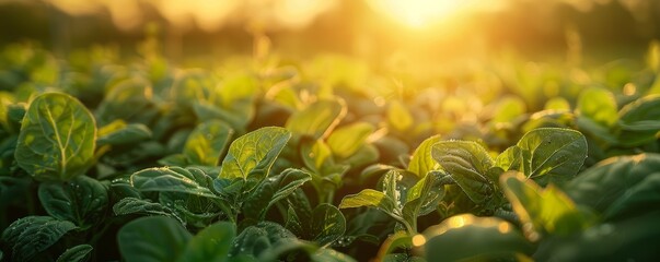Sunbeams Illuminating Fresh Green Lettuce Leaves in Field at Sunrise