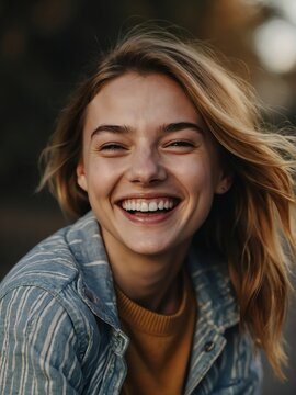 Close up portrait of young woman laughing and cheerful looking at camera from Generative AI