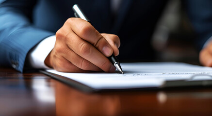 Businessman's hand holding a pen to sign a document - obrazy, fototapety, plakaty