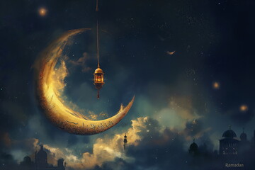 Obraz na płótnie Canvas Islamic crescent, on night background, Ramadan symbol