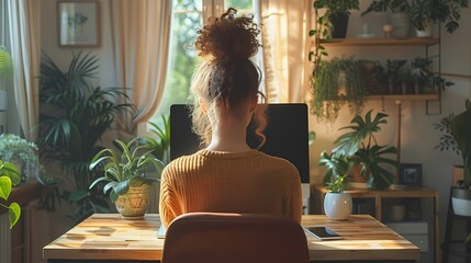 A young entrepreneur working from home, sitting at a stylish desk with a desktop computer and a smartphone, surrounded by plants and natural light - obrazy, fototapety, plakaty