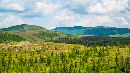 Fototapeta na wymiar St-Urbain, Canada - July 17 2023: Panorama arial view in Grands Jardins National Park in Quebec 