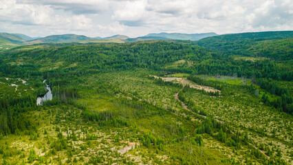 Obraz premium St-Urbain, Canada - July 17 2023: Panorama arial view in Grands Jardins National Park in Quebec 