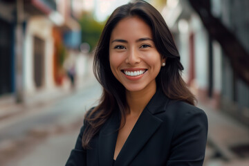 Portrait of a successful Latin American businesswoman with a radiant smile, poised confidently in an urban setting.