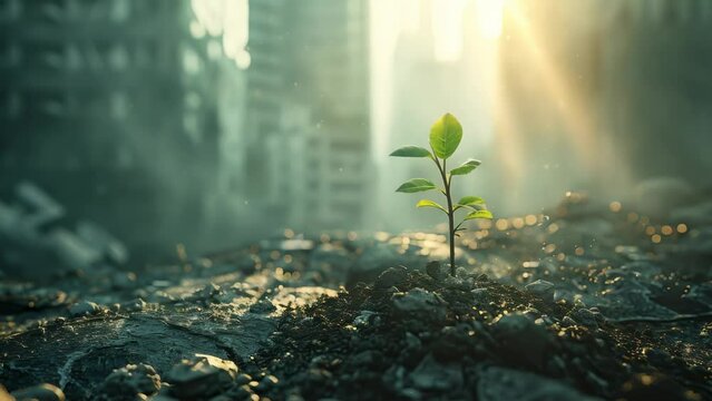 A single young plant sprouts from urban rubble, bathed in rays of sunlight, symbolizing hope and renewal.
