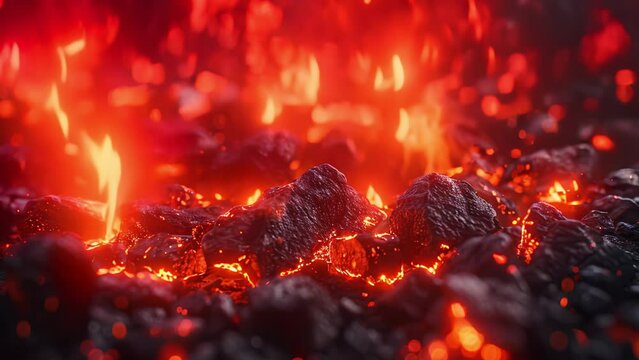 Close-up of hot glowing embers and flames in a charcoal fire, with a blurred background.
