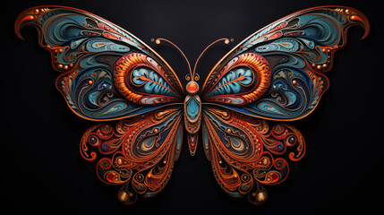 intricately designed butterfly with vibrant colors and detailed patterns against a dark background.