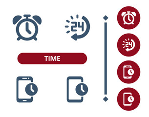 Time icons. Deadline, schedule, clock, appointment, around the clock, alarm clock, 24 hours, smartphone, mobile phone icon