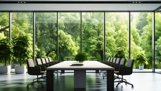 Front view of empty modern conference room with office table and chairs with white wall and green trees in glass room