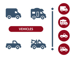 Vehicles icons. Vehicle, cars, car, van, RV, motorhome, pickup truck, tow truck icon