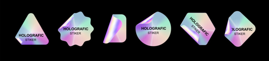 Holographic stickers. Hologram labels shapes. Holographic textured stickers for preview tags, labels. Sticker for design mockups. Vector