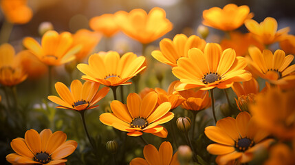 yellow and orange flowers with a blurred background. The flowers are small and have many petals