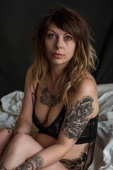 Woman With Tattoos Sitting on a Bed. Generative AI
