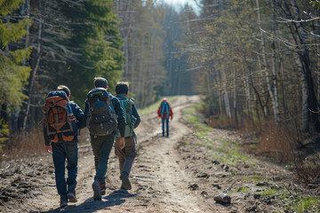 Boys and girl go hiking with backpacks on forest road bright sunny day - obrazy, fototapety, plakaty