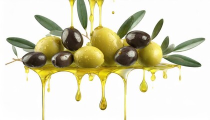 Olive oil dripping from fruits isolated on white background.