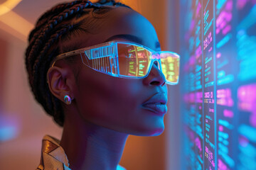 African woman in 3D virtual glasses in and interactive glass board