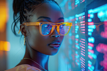 African woman in 3D virtual glasses in and interactive glass board