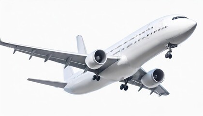 Obraz premium Passenger jet plane flies isolated on white background
