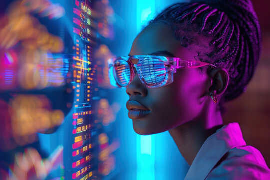 African woman in 3D virtual glasses in and interactive glass board - Powered by Adobe