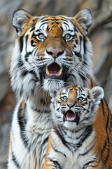 Siberian tiger (Tiger Panthera tigris altaica) with a baby between her teeth