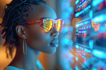 African woman in 3D virtual glasses in and interactive glass board